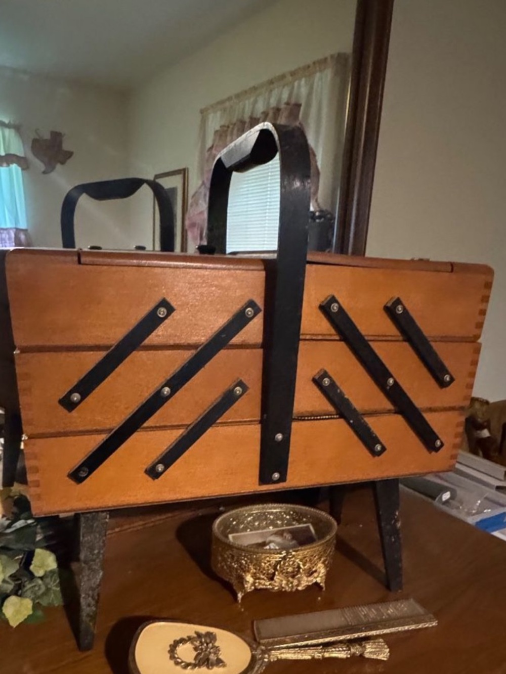 Vintage Wooden Sewing Box with Black Accents and feet. - Picture 2 of 15